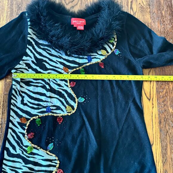 VTG Christmas Lights Sweater Womens L Faux Fur Collar Ugly Christmas Zebra - Picture 6 of 9